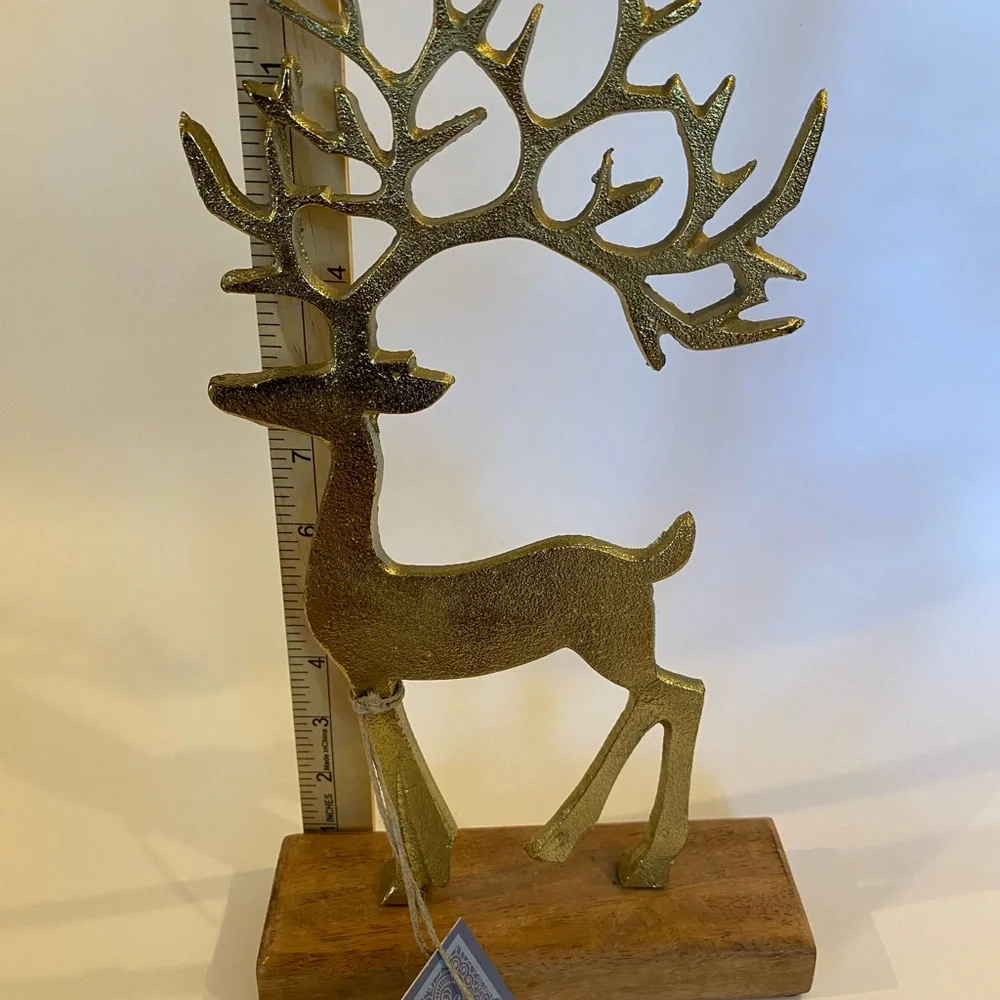 Gold Metal Reindeer Figurine on Wood Base Antique Brass-Tone Stag Statue